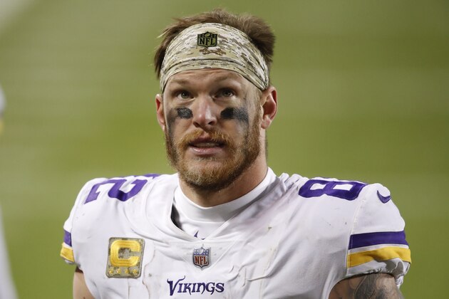 Minnesota Vikings tight end Kyle Rudolph (82) walks off the field after an NFL football game against the Chicago Bears, Monday, Nov. 16, 2020, in Chicago. (AP Photo/Kamil Krzaczynski) Minnesota Vikings tight end Kyle Rudolph (82) walks off the field after an NFL football game against the Chicago Bears, Monday, Nov. 16, 2020, in Chicago. (AP Photo/Kamil Krzaczynski)