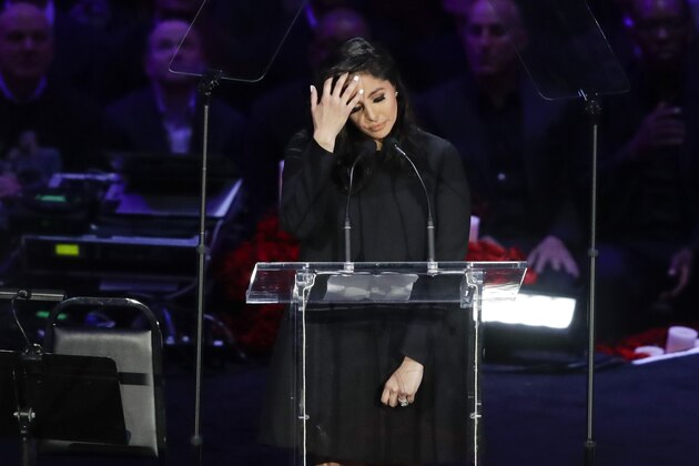 Vanessa Bryant speaks during a celebration of life for her husband Kobe Bryant and daughter Gianna Monday, Feb. 24, 2020, in Los Angeles. (AP Photo/Marcio Jose Sanchez)