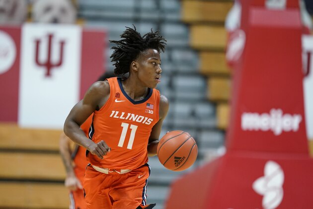 Illinois' Ayo Dosunmu (11) dribbles during the first half of an NCAA college basketball game against Indiana, Tuesday, Feb. 2, 2021, in Bloomington, Ind. (AP Photo/Darron Cummings)