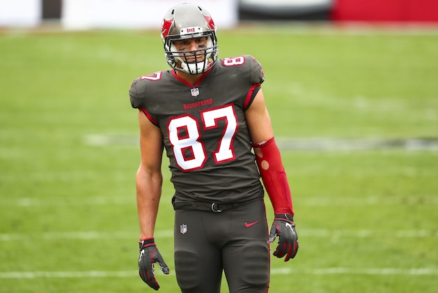 Tampa Bay Buccaneers tight end Rob Gronkowski (87) looks on during the first half of an NFL football game against the Atlanta Falcons, Sunday, Jan. 3, 2021, in Tampa, Fla. (AP Photo/Kevin Sabitus)