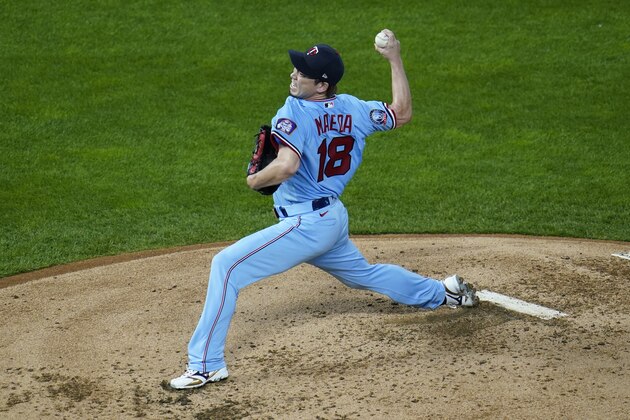 Minnesota Twins pitcher Kenta Maeda of Japan throws against the Detroit Tigers in the third inning of a baseball game, Wednesday, Sept. 23, 2020, in Minneapolis. (AP Photo/Jim Mone)