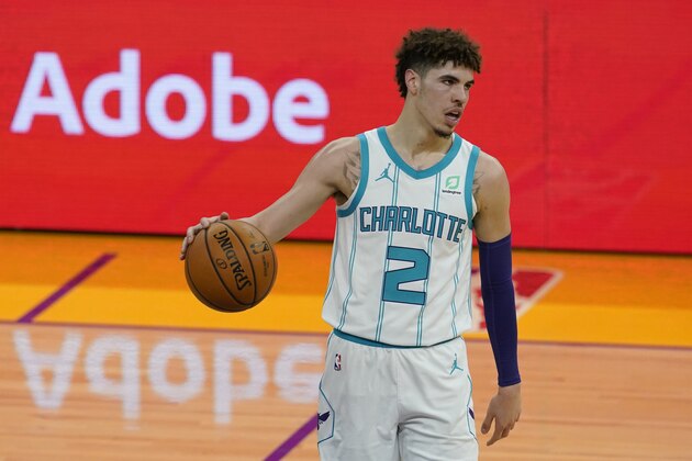 Charlotte Hornets guard LaMelo Ball during an NBA basketball game against the Golden State Warriors in San Francisco, Friday, Feb. 26, 2021. (AP Photo/Jeff Chiu)