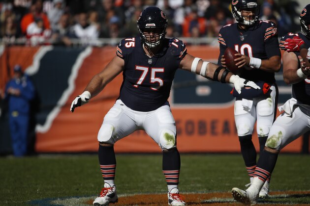 Chicago Bears offensive guard Kyle Long (75) sets to block against the New England Patriots during an NFL football game Sunday, Oct. 21, 2018, in Chicago. The Patriots won 38-31. (Jeff Haynes/AP Images for Panini)