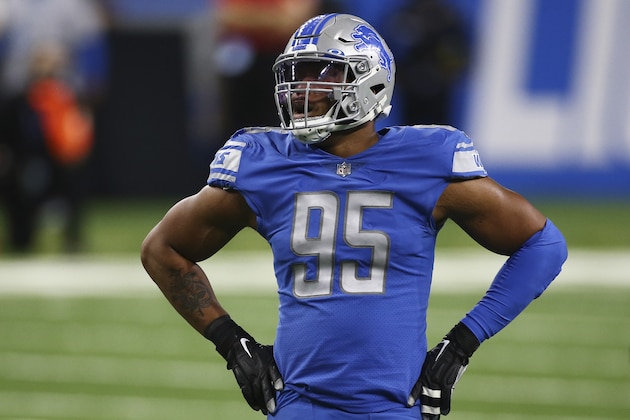Detroit Lions defensive end Romeo Okwara waits on the play during the second half of an NFL football game against the Green Bay Packers, Sunday, Dec. 13, 2020, in Detroit. (AP Photo/Leon Halip)