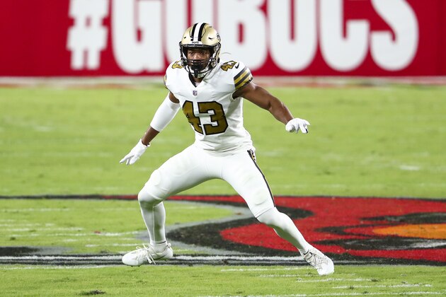 New Orleans Saints free safety Marcus Williams (43) drops back in coverage during the first half of an NFL football game against the Tampa Bay Buccaneers, Sunday, Nov. 8, 2020, in Tampa, Fla. (AP Photo/Kevin Sabitus)