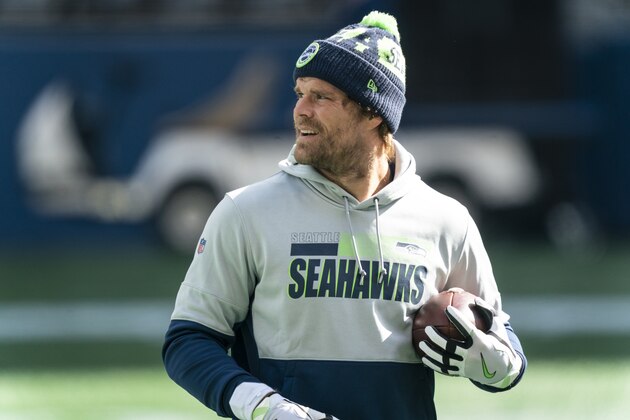 Seattle Seahawks tight end Greg Olsen is pictured on the field before an NFL football game against the Dallas Cowboys, Sunday, Sept. 27, 2020, in Seattle. The Seahawks won 38-31. (AP Photo/Stephen Brashear)
