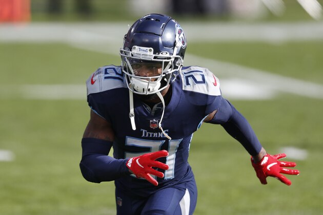 Tennessee Titans cornerback Malcolm Butler (21) warms up before an NFL wild-card playoff football game against the Baltimore Ravens Sunday, Jan. 10, 2021, in Nashville, Tenn. (AP Photo/Wade Payne)