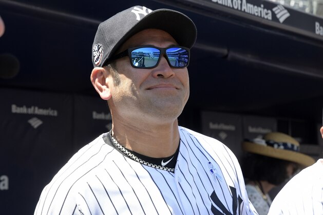 New York Yankees' Johnny Damon waits to be introduced at the Yankees Old Timers' Day baseball game Sunday, June 17, 2018, at Yankee Stadium in New York. (AP Photo/Bill Kostroun)