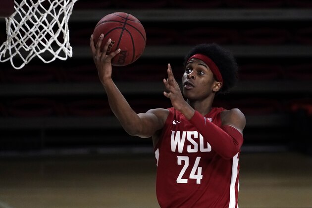 Washington State guard Noah Williams (24) during the first half of an NCAA college basketball game against Arizona State, Saturday, Feb. 27, 2021, in Tempe, Ariz. (AP Photo/Rick Scuteri)