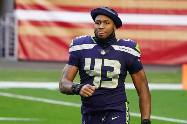 Seattle Seahawks defensive end Carlos Dunlap (43) during an NFL football game against the San Francisco 49ers, Sunday, Jan. 3, 2021, in Glendale, Ariz. (AP Photo/Rick Scuteri)