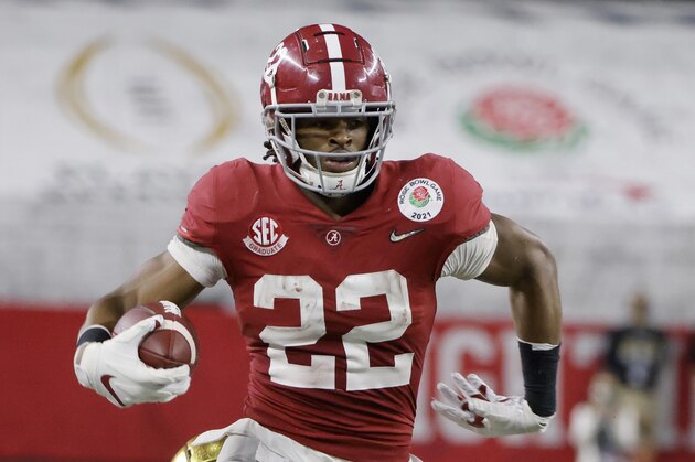 Alabama running back Najee Harris (22) runs with the ball during the Rose Bowl NCAA college football game in Arlington, Texas, Friday, Jan. 1, 2021. (AP Photo/Michael Ainsworth) Alabama running back Najee Harris (22) runs with the ball during the Rose Bowl NCAA college football game in Arlington, Texas, Friday, Jan. 1, 2021. (AP Photo/Michael Ainsworth)