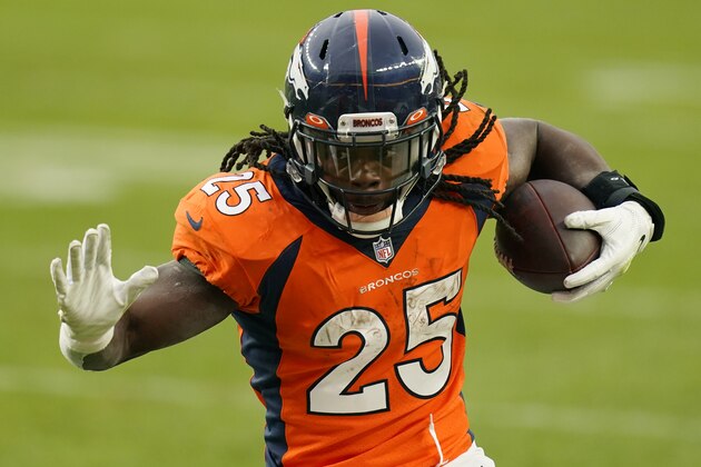 Denver Broncos running back Melvin Gordon (25) runs against the Las Vegas Raiders during the first half of an NFL football game, Sunday, Jan. 3, 2021, in Denver. (AP Photo/Jack Dempsey)