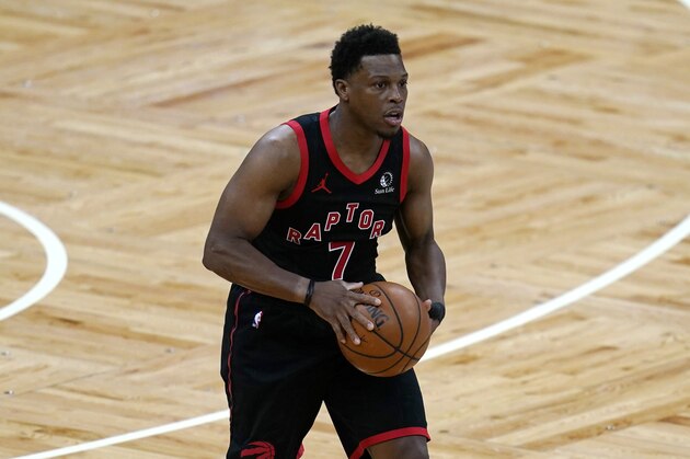 Toronto Raptors guard Kyle Lowry (7) during the first half of an NBA basketball game, Thursday, March 4, 2021, in Boston. (AP Photo/Charles Krupa)