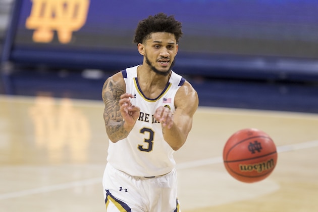 Notre Dame's Prentiss Hubb (3) passes the ball during an NCAA college basketball game against North Carolina State on Wednesday, March 3, 2021, in South Bend, Ind. North Carolina State won 80-69. (AP Photo/Robert Franklin)