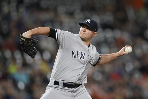 New York Yankees relief pitcher Zack Britton (53) delivers a pitch during a baseball game against the Baltimore Orioles, Monday, May 20, 2019, in Baltimore. The Yankees won 10-7. (AP Photo/Nick Wass)