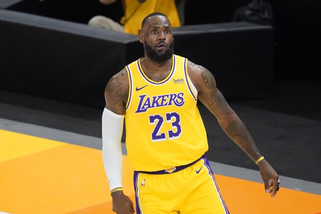 Los Angeles Lakers forward LeBron James (23) looks on in the second half during an NBA basketball game against the Utah Jazz Wednesday, Feb. 24, 2021, in Salt Lake City. (AP Photo/Rick Bowmer)