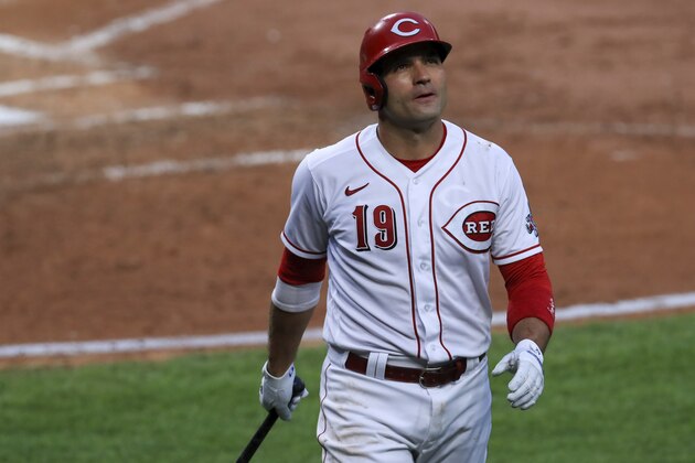 Cincinnati Reds' Joey Votto reacts to striking out during a baseball game against the St. Louis Cardinals in Cincinnati, Monday, Aug. 31, 2020. The Cardinals won 7-5. (AP Photo/Aaron Doster)