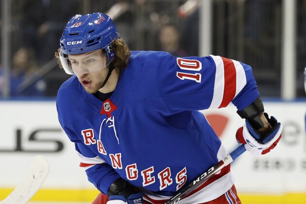 New York Rangers left wing Artemi Panarin (10) during the first period of an NHL hockey game against the Carolina Hurricanes Friday, Dec. 27, 2019, in New York. (AP Photo/Kathy Willens)