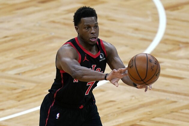 Toronto Raptors guard Kyle Lowry (7) during the first half of an NBA basketball game, Thursday, March 4, 2021, in Boston. (AP Photo/Charles Krupa)