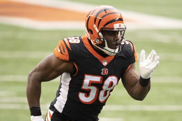 Cincinnati Bengals defensive end Carl Lawson (58) during an NFL football game against the Baltimore Ravens, Sunday, Jan. 3, 2021, in Cincinnati. (AP Photo/Emilee Chinn)