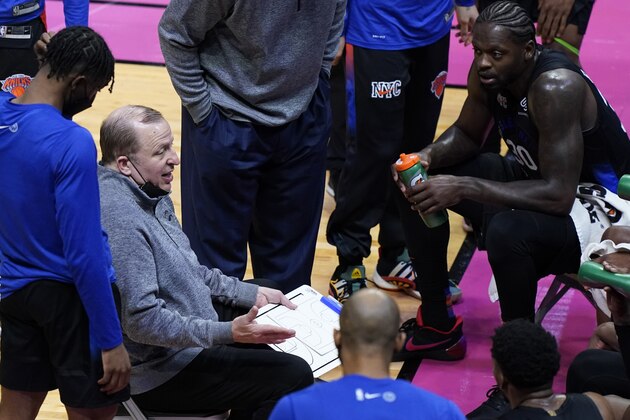 New York Knicks head coach Tom Thibodeau talks to his team during the second half of an NBA basketball game against the Miami Heat, Tuesday, Feb. 9, 2021, in Miami. (AP Photo/Marta Lavandier)