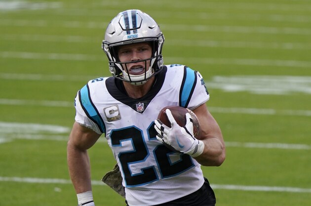 Carolina Panthers running back Christian McCaffrey runs with the ball during an NFL football game against the Kansas City Chiefs Sunday, Nov. 8, 2020, in Kansas City, Mo. (AP Photo/Jeff Roberson)