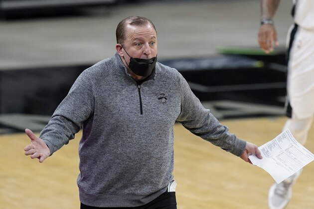 New York Knicks Tom Thibodeau questions a call during the first half of an NBA basketball game against the San Antonio Spurs in San Antonio, Tuesday, March 2, 2021. (AP Photo/Eric Gay)