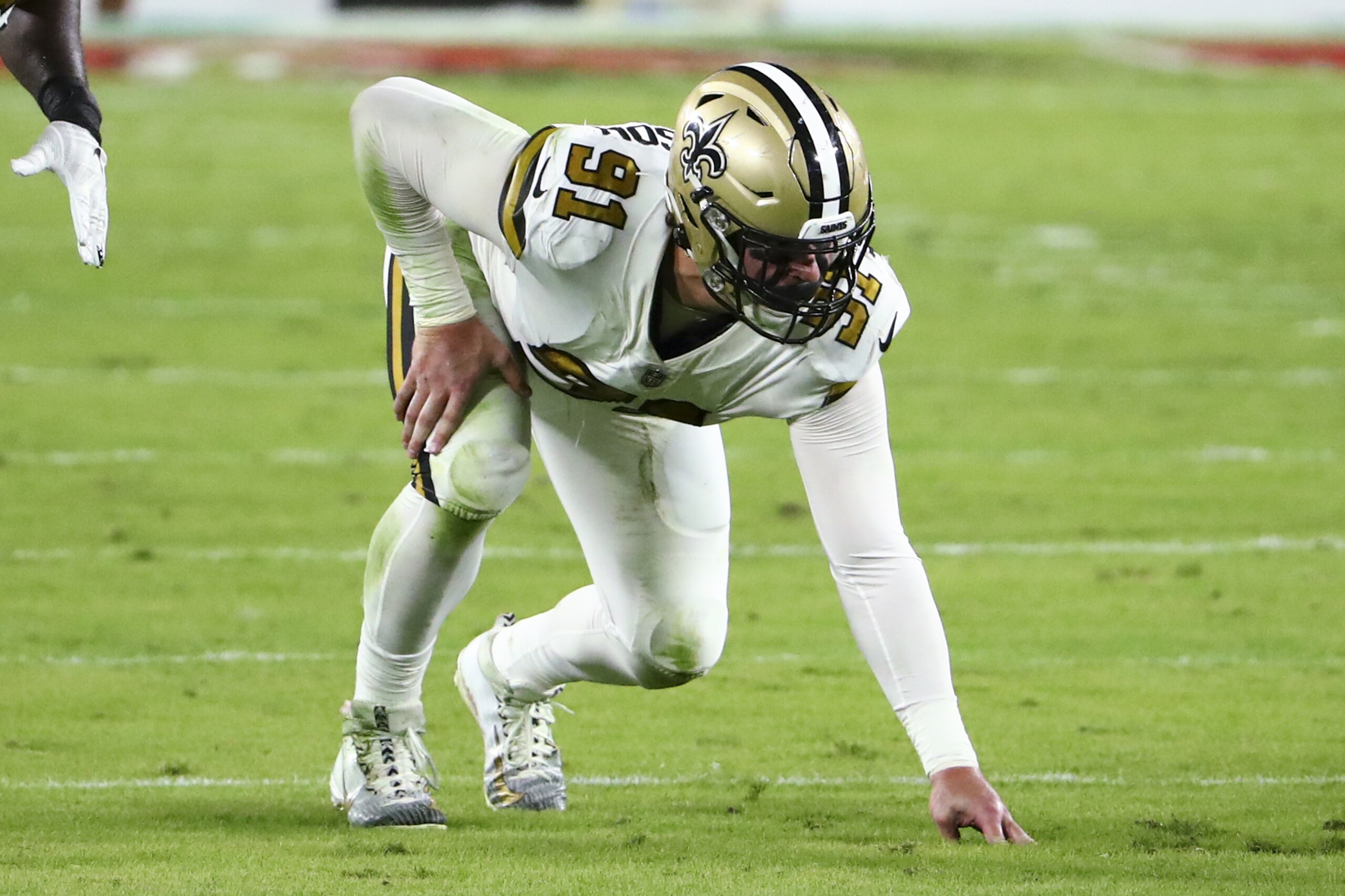 New Orleans Saints defensive end Trey Hendrickson (91) lines up before a play during the first half of an NFL football game against the Tampa Bay Buccaneers, Sunday, Nov. 8, 2020, in Tampa, Fla. (AP Photo/Kevin Sabitus)