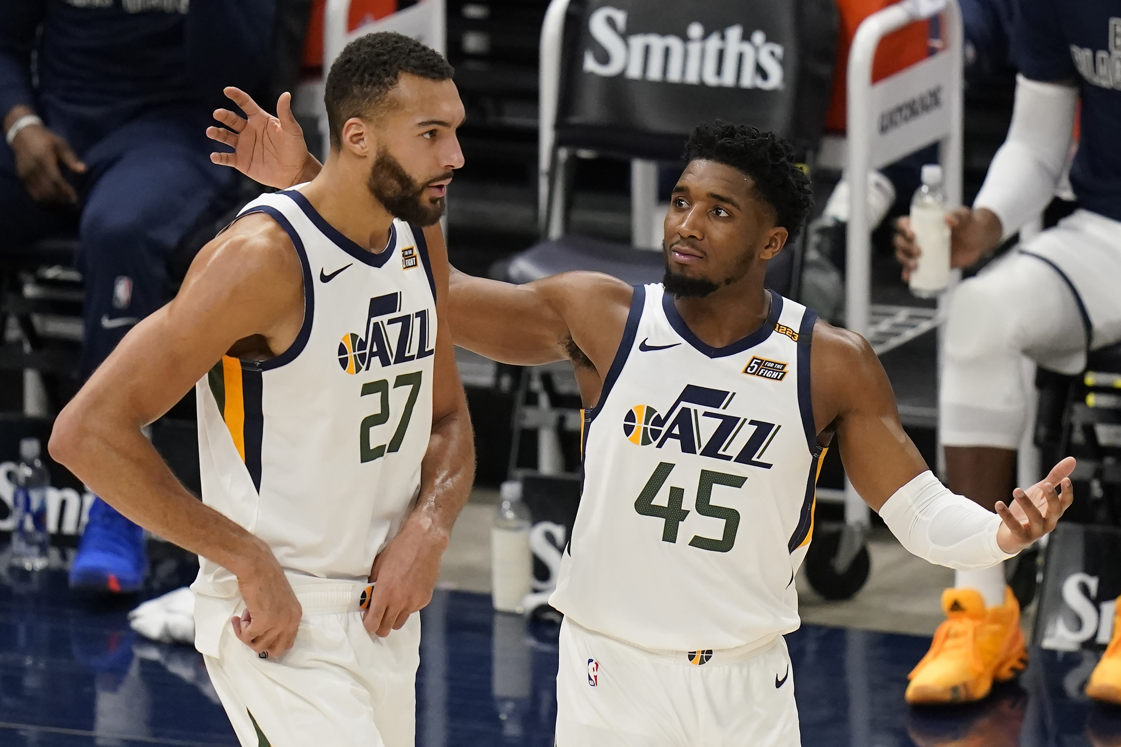Utah Jazz's Donovan Mitchell (45) and Rudy Gobert (27) walk on the court in the second half during an NBA basketball game against the Milwaukee Bucks Friday, Feb. 12, 2021, in Salt Lake City. (AP Photo/Rick Bowmer) Utah Jazz's Donovan Mitchell (45) and Rudy Gobert (27) walk on the court in the second half during an NBA basketball game against the Milwaukee Bucks Friday, Feb. 12, 2021, in Salt Lake City. (AP Photo/Rick Bowmer)