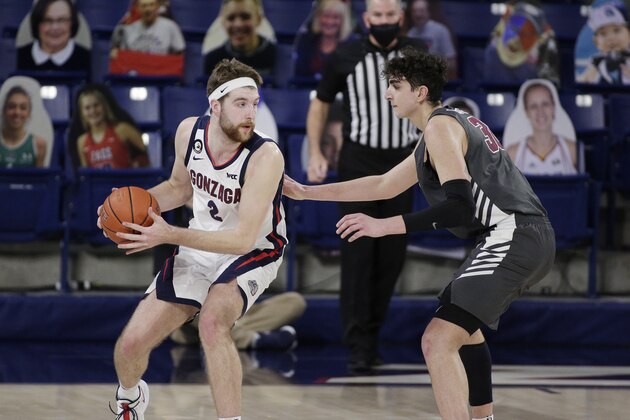 Gonzaga forward Drew Timme, left, posts up on Santa Clara forward Guglielmo Caruso during the second half of an NCAA college basketball game in Spokane, Wash., Thursday, Feb. 25, 2021. (AP Photo/Young Kwak)