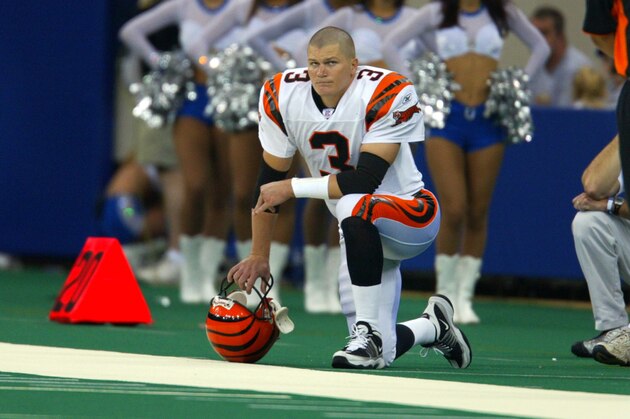 Cincinnati Bengals quaterback Jon Kitna watches the game alone from the sidelines after throwing one of his three interceptions against the Indianapolis Colts in the fourth quarter in Indianapolis, Sunday, Oct. 6, 2002. The Colts defeated the Bengals, 28-21(AP Photo/Michael Conroy)