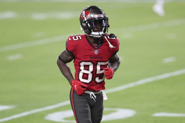 Tampa Bay Buccaneers wide receiver Jaydon Mickens (85) before an NFL football game against the New Orleans Saints Sunday, Nov. 8, 2020, in Tampa, Fla. (AP Photo/Mark LoMoglio)