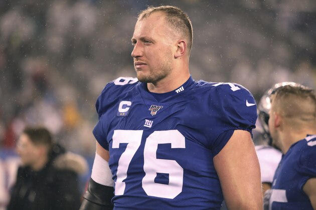New York Giants Nate Solder (76) on the sidelines during an NFL football game against the Philadelphia Eagles on Sunday, Dec. 29, 2019, in East Rutherford, N.J. The Eagles won 34-17.(AP Photo/Vera Nieuwenhuis)