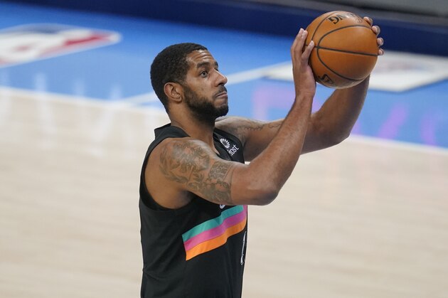San Antonio Spurs center LaMarcus Aldridge (12) during an NBA basketball game against the Oklahoma City Thunder, Wednesday, Feb. 24, 2021, in Oklahoma City. (AP Photo/Sue Ogrocki)