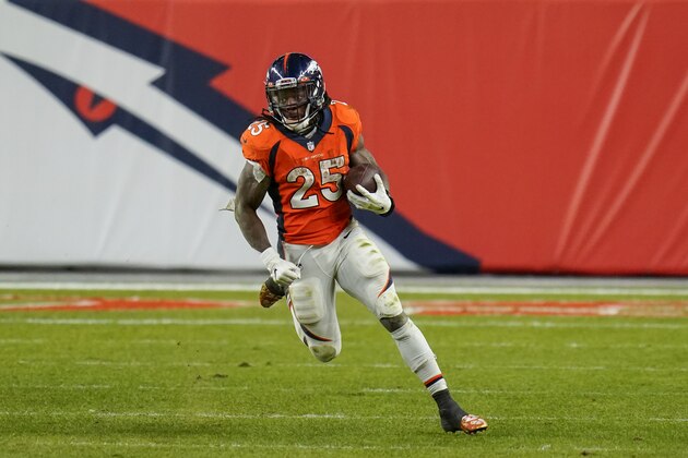 Denver Broncos running back Melvin Gordon (25) runs against the Las Vegas Raiders during an NFL football game, Sunday, Jan. 3, 2021, in Denver. (AP Photo/Jack Dempsey)