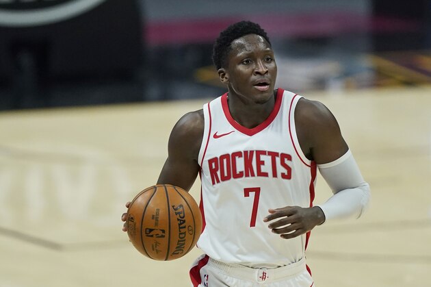 Houston Rockets' Victor Oladipo drives in the second half of an NBA basketball game against the Cleveland Cavaliers, Wednesday, Feb. 24, 2021, in Cleveland. (AP Photo/Tony Dejak)