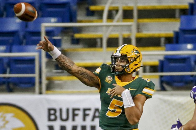 North Dakota State quarterback Trey Lance passes against Central Arkansas in the third quarter of an NCAA college football game Saturday, Oct. 3, 2020, in Fargo, N.D. North Dakota State won 39-28. (AP Photo/Bruce Kluckhohn)