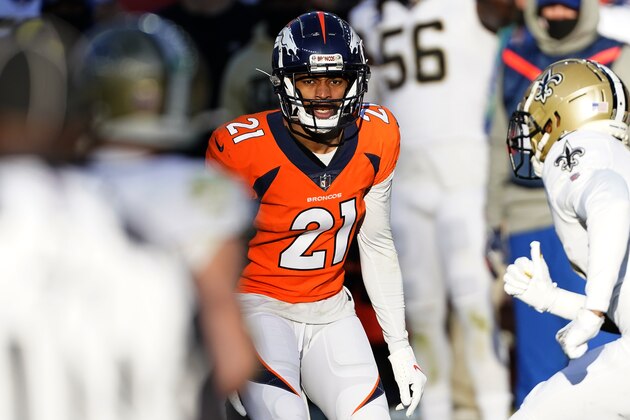 Denver Broncos cornerback A.J. Bouye (21) against the New Orleans Saints during the first half of an NFL football game, Sunday, Nov. 29, 2020, in Denver. (AP Photo/Jack Dempsey)