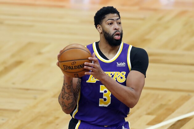 Los Angeles Lakers' Anthony Davis plays against the Boston Celtics during the first half of an NBA basketball game, Saturday, Jan. 30, 2021, in Boston. (AP Photo/Michael Dwyer)