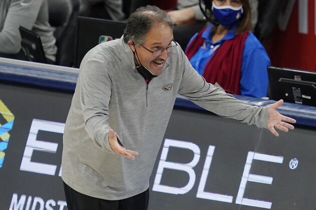 New Orleans Pelicans coach Stan Van Gundy gestures to an official during the first half of the team's NBA basketball game against the Oklahoma City Thunder, Thursday, Dec. 31, 2020, in Oklahoma City. (AP Photo/Sue Ogrocki)