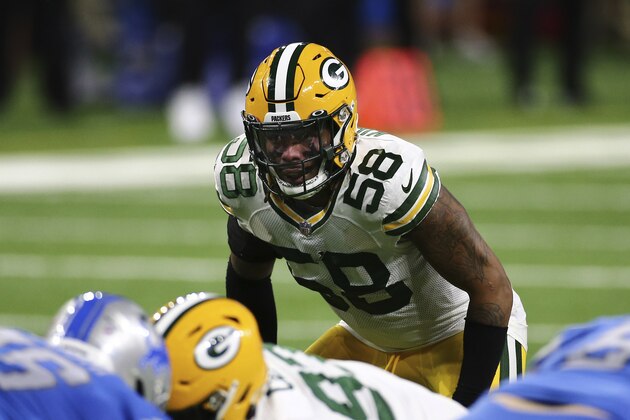 Green Bay Packers inside linebacker Christian Kirksey (58) waits on the snap during the first half of an NFL football game against the Detroit Lions, Sunday, Dec. 13, 2020, in Detroit. (AP Photo/Leon Halip)