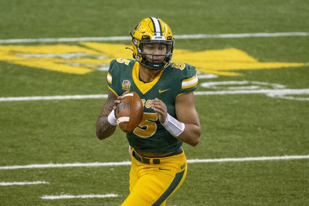 North Dakota State quarterback Trey Lance scrambles against Central Arkansas in the first quarter of an NCAA college football game Saturday, Oct. 3, 2020, in Fargo, N.D. North Dakota State won 39-28. (AP Photo/Bruce Kluckhohn)