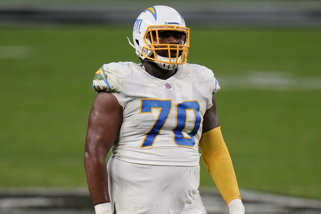 Los Angeles Chargers guard Trai Turner #70 lines up during the third quarter against the Las Vegas Raiders in an NFL football game, Sunday, Dec. 13, 2020, in Las Vegas. (AP Photo/Jeff Bottari)