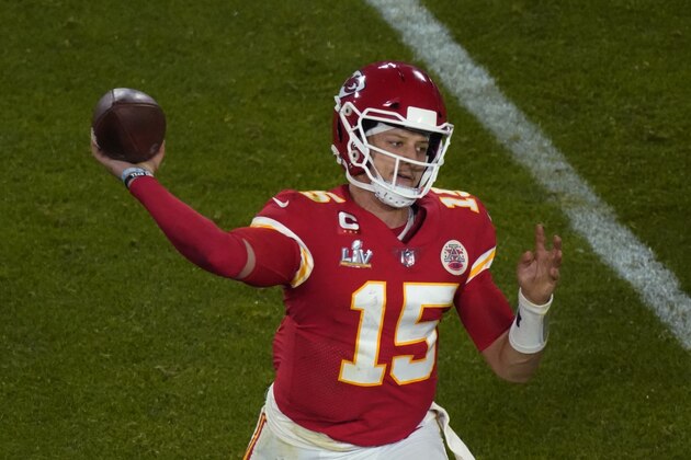 Kansas City Chiefs quarterback Patrick Mahomes (15) throws the ball during the second half of the NFL Super Bowl 55 football game against the Tampa Bay Buccaneers Sunday, Feb. 7, 2021, in Tampa, Fla. The Buccaneers defeated the Chiefs 31-9 to win the Super Bowl. (AP Photo/Charlie Riedel)