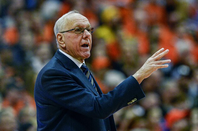 Syracuse head coach Jim Boeheim signals to his players during the second half of an NCAA college basketball game against Duke in Syracuse, N.Y., Saturday, Feb. 1, 2020. Duke beat Syracuse 97-88. (AP Photo/Adrian Kraus)