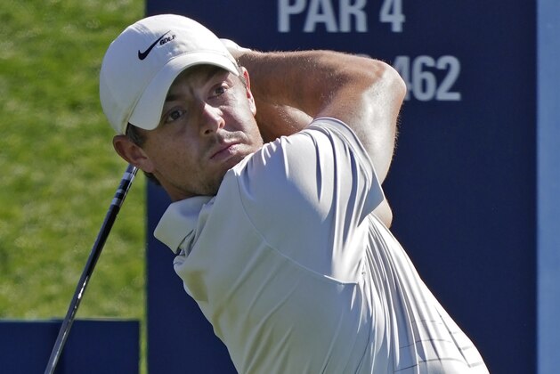 Rory McIlroy, of Northern Ireland, hits his tee shot on the 18th during a practice round for The Players Championship golf tournament Wednesday, March 10, 2021, in Ponte Vedra Beach, Fla. (AP Photo/Chris O'Meara)