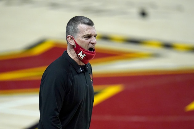 Maryland head coach Mark Turgeon reacts during the second half of an NCAA college basketball game against Penn State, Sunday, March 7, 2021, in College Park, Md. (AP Photo/Julio Cortez)