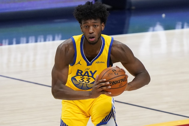 Golden State Warriors center James Wiseman (33) in the second half of an NBA basketball game late Thursday, Jan. 14, 2021, in Denver. The Nuggets won 114-104. (AP Photo/David Zalubowski)