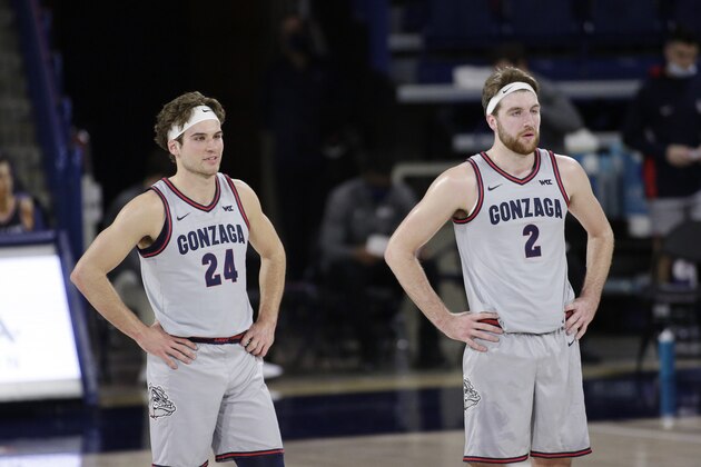 Gonzaga forward Corey Kispert (24) and forward Drew Timme (2) stand on the court during the first half of an NCAA college basketball game against Pacific in Spokane, Wash., Saturday, Jan. 23, 2021. (AP Photo/Young Kwak)
