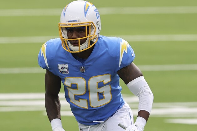 Los Angeles Chargers cornerback Casey Hayward (26) defends during an NFL football game against the Jacksonville Jaguars, October 25, 2020, in Inglewood, Calif. (AP Photo/Peter Joneleit) Los Angeles Chargers cornerback Casey Hayward (26) defends during an NFL football game against the Jacksonville Jaguars, October 25, 2020, in Inglewood, Calif. (AP Photo/Peter Joneleit)